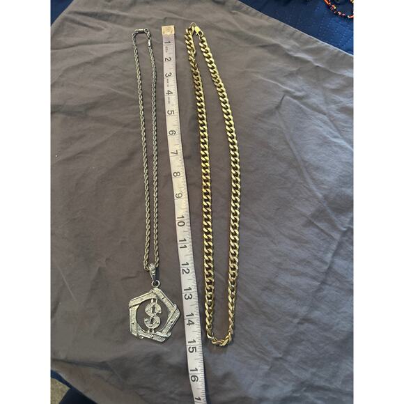 GUC Two Necklaces Silvertone/Goldtone Dollar Sign/Bulky Chain Costume Jewelry - Picture 5 of 5